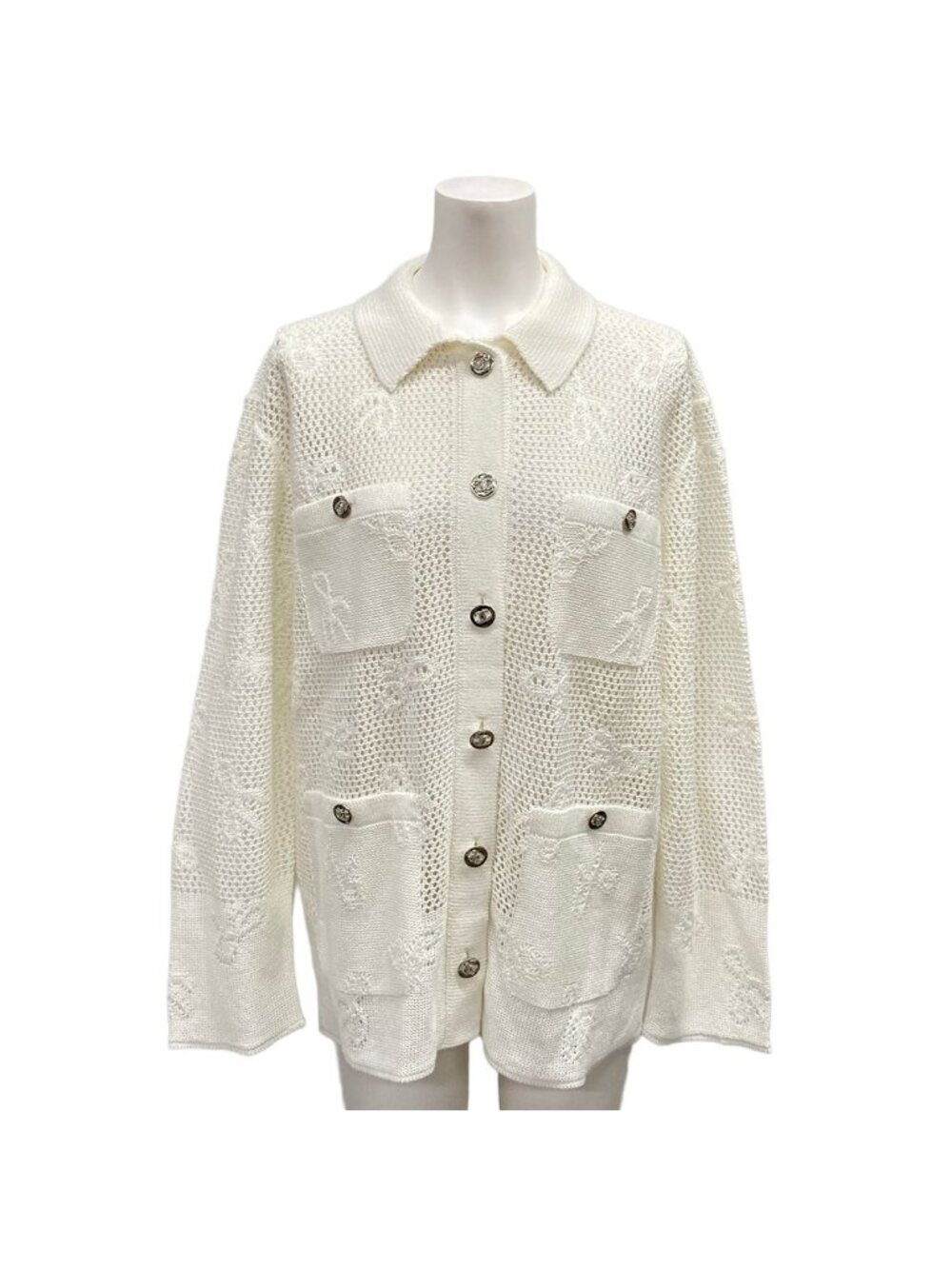 Chanel Jacket M Ivory Autumn Items Mesh Rhinestone
